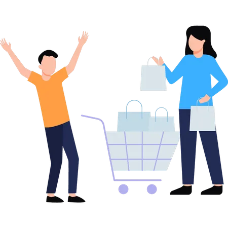 Boy carrying shopping trolley and girl carrying shopping bag  Illustration