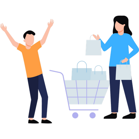 Boy carrying shopping trolley and girl carrying shopping bag  일러스트레이션