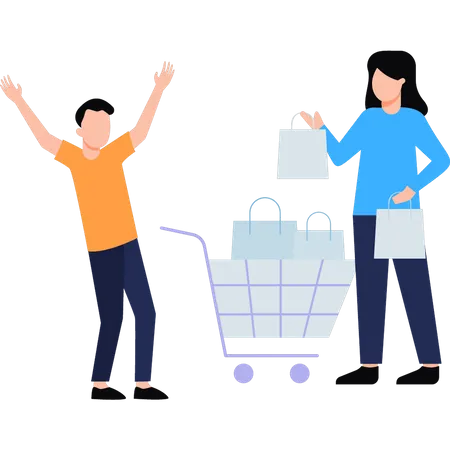 The Boy Is Carrying A Shopping Trolley And The Girl Is Carrying A Shopping Bag Illustration