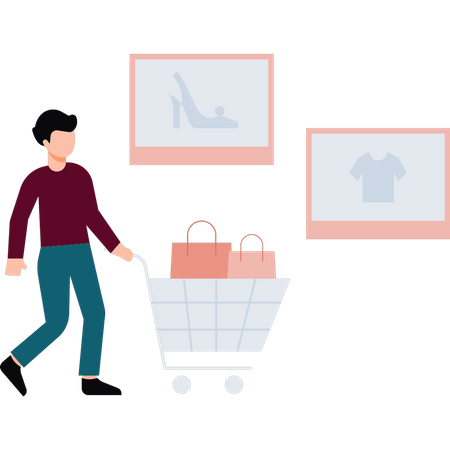 Boy carrying shopping trolley  Illustration