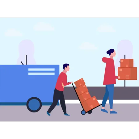 The Boy Is Carrying A Trolley Of Boxes Illustration