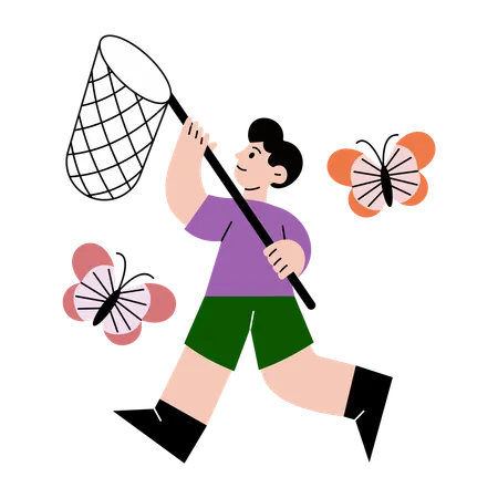 Boy catching butterflies in park  Illustration