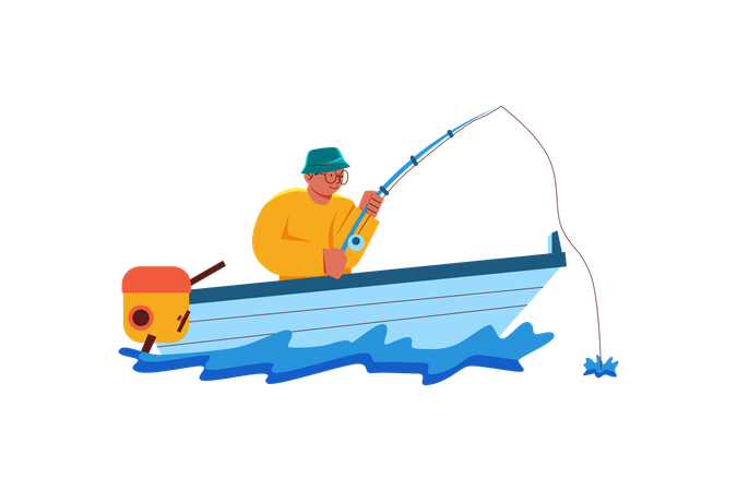 Boy catching fish from boat  イラスト