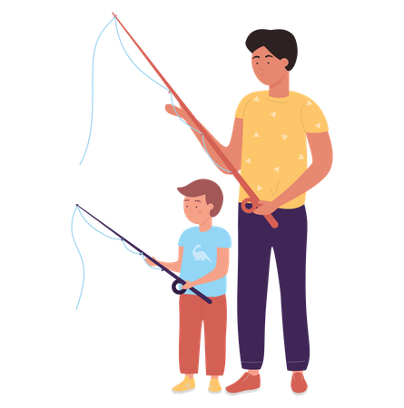 Boy catching fish with father  Illustration