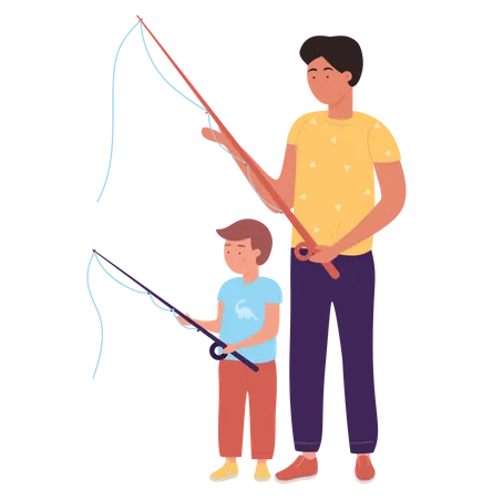Boy catching fish with father  Illustration
