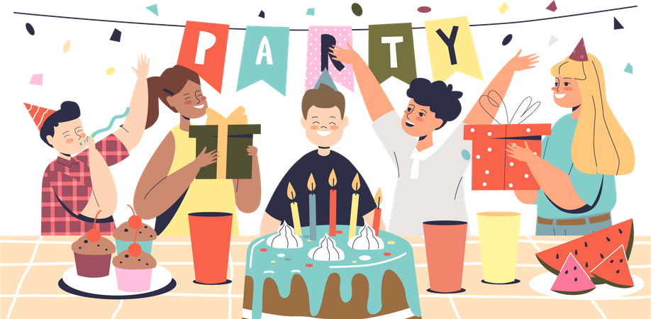Boy celebrate birthday with friends Illustration