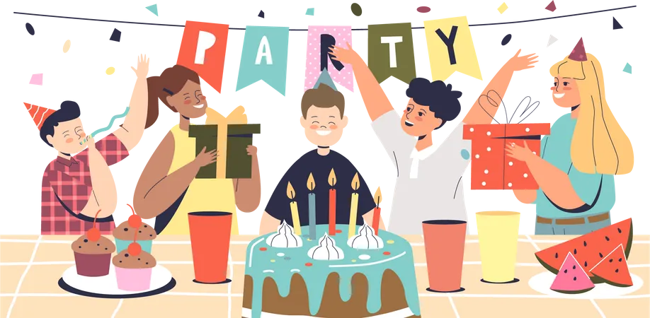 Boy Celebrate Happy Birthday Day With Friends On Kids Party Holiday Event With Cake And Festive Decorations Preschool Child Blowing Candles On Celebration Cartoon Flat Vector Illustration Illustration