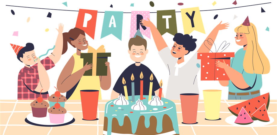 Boy celebrate birthday with friends  Illustration