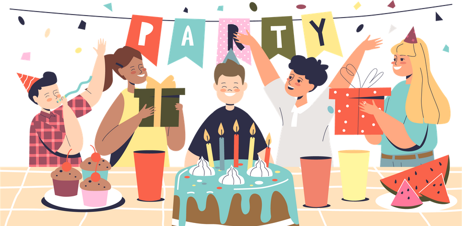 Boy celebrate birthday with friends  Illustration