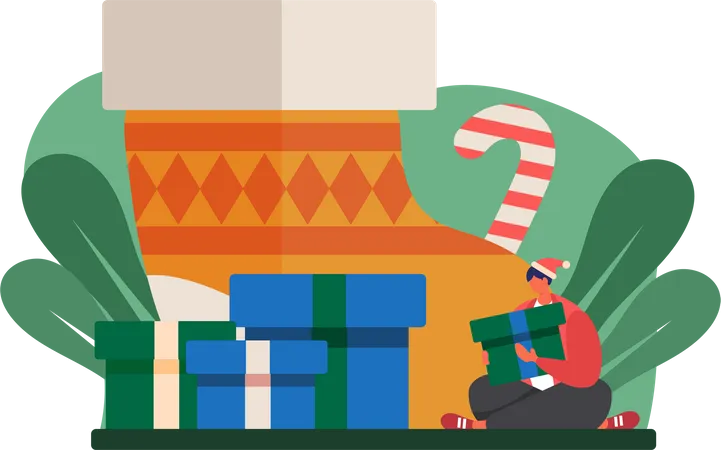 Boy celebrate christmas with gifts  Illustration