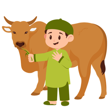 Boy Celebrate Eid Al Adha With Cow  일러스트레이션