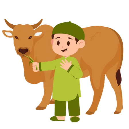 Boy Celebrate Eid Al Adha With Cow  일러스트레이션