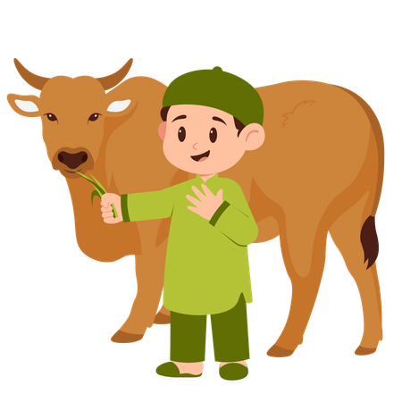 Boy Celebrate Eid Al Adha With Cow  Illustration