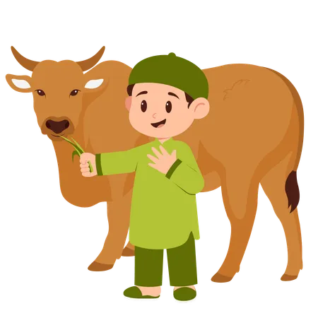 Boy Celebrate Eid Al Adha With Cow  Illustration