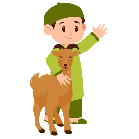 Boy Celebrate Eid Al Adha With Goat  Illustration