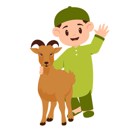 Boy Celebrate Eid Al Adha With Goat  Illustration