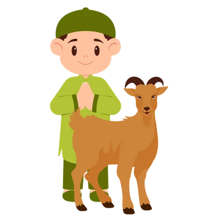 Boy Celebrate Eid Al Adha With Goat  Illustration