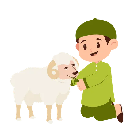 Boy Celebrate Eid Al Adha With Sheep  Illustration