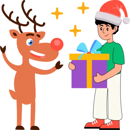 Boy celebrates Christmas with Reindeer  Illustration