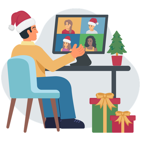 Boy celebrating christmas online with friends  Illustration