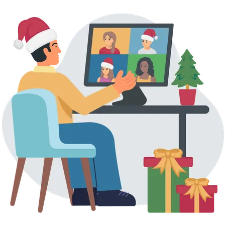 Boy celebrating christmas online with friends  Illustration