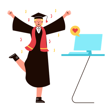 Boy celebrating online graduation  Illustration