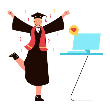Boy celebrating online graduation  Illustration