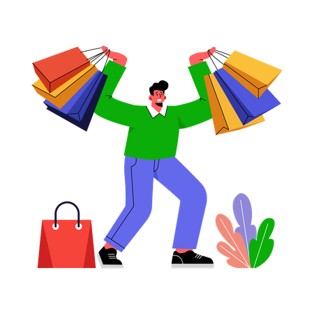Boy celebrating Successful Shopping Haul  Illustration