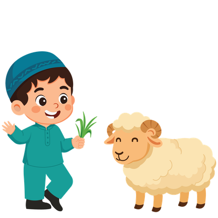 Boy Character Celebrating Eid Al-Adha Feeding Lamb  Illustration