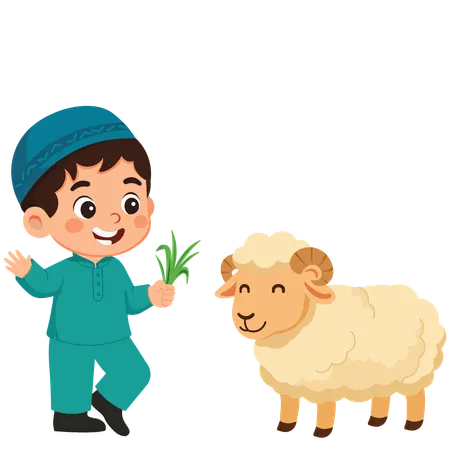 Boy Character Celebrating Eid Al-Adha Feeding Lamb  Illustration