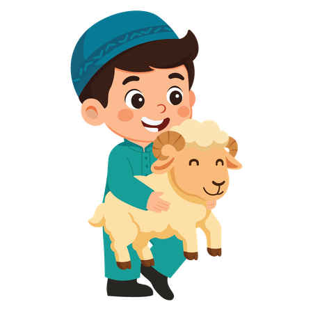 Boy Character Celebrating Eid Al-Adha Holding Lamb  Illustration