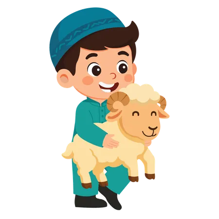 Boy Character Celebrating Eid Al-Adha Holding Lamb  Illustration