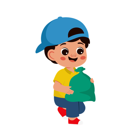 Boy Character Cleaning Garbage Lifting Plastic  Illustration