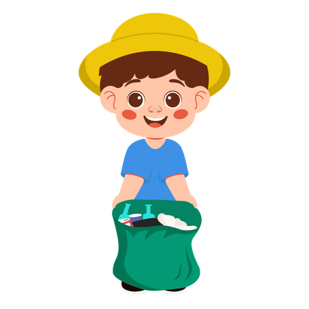 Boy Character Cleaning Trash Collecting Trash  Illustration
