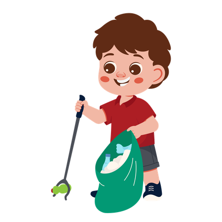 Boy Character Cleaning Trash Picking Up Trash  Illustration