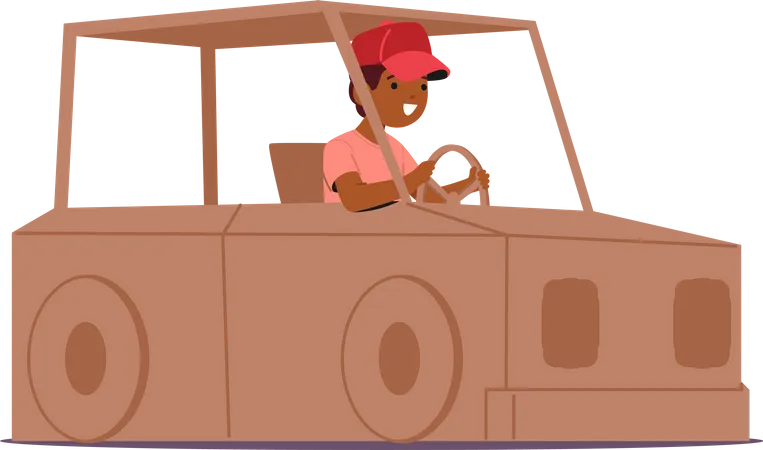 Boy Character Joyfully Sits In A Cardboard Car  Illustration