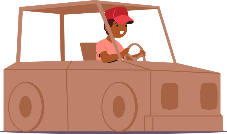 Boy Character Joyfully Sits In A Cardboard Car  イラスト