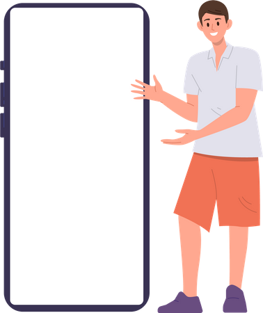 Boy character pointing to huge empty blank mobile phone screen mockup  Illustration