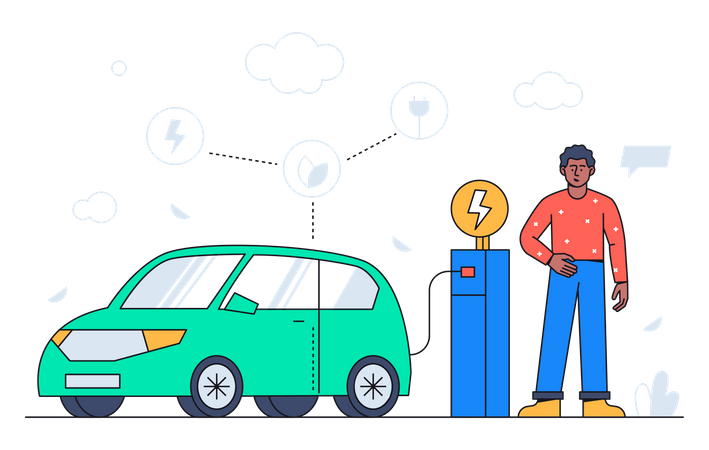 Boy charging electric car Illustration