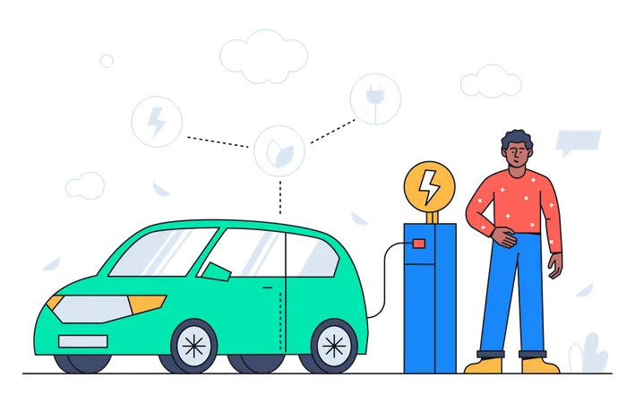 Boy Charging Electric Car Colorful Flat Design Style Illustration With Line Elements On White Background A Composition With A Man At The Station Environment Conservation And Modern Urban Transport Illustration
