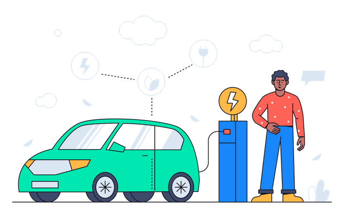 Boy charging electric car  Illustration