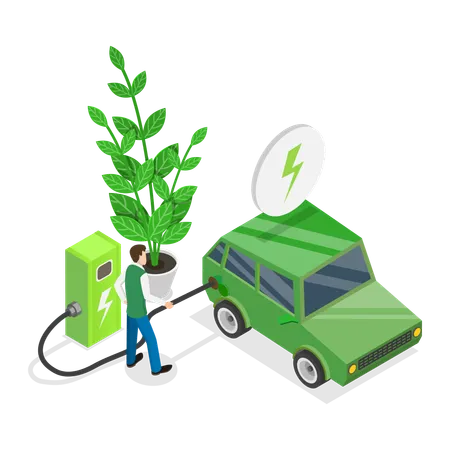 Boy charging electric vehicle  Illustration