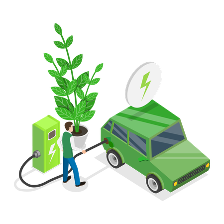 Boy charging electric vehicle  Illustration
