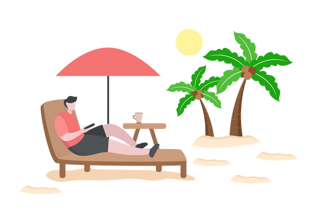 Boy chatting on phone while on vacation  Illustration
