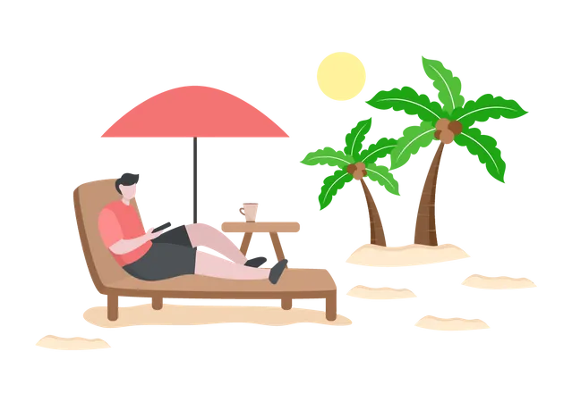 Boy chatting on phone while on vacation Illustration