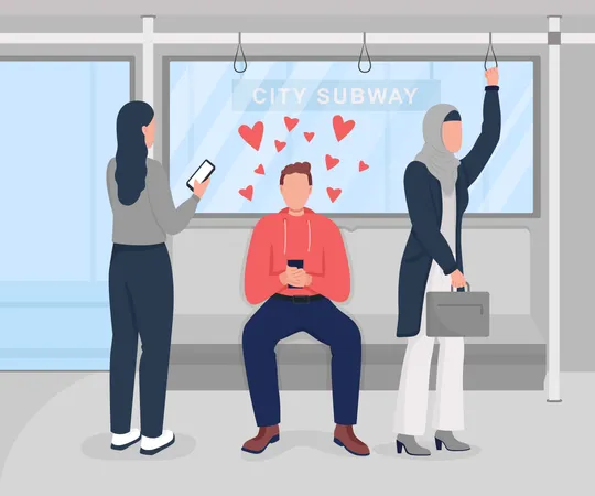 Using Dating Application In Transport Flat Color Vector Illustration Phone Addict Young Man In Love Surrounded By Female Passengers 2 D Cartoon Characters With City Subway On Background Illustration