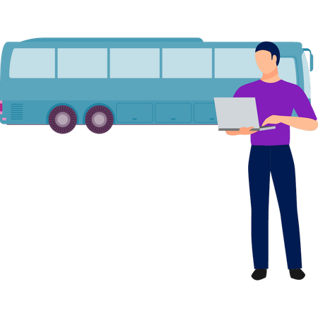 Boy checking bus information laptop  Illustration