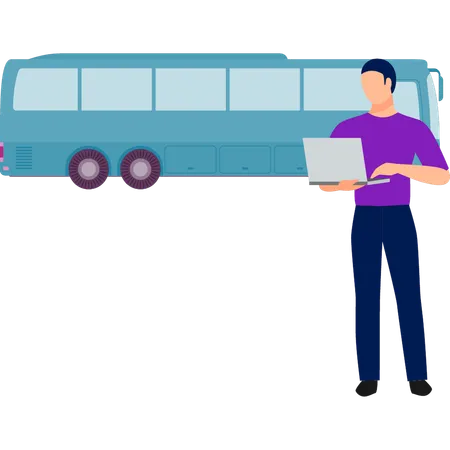 Boy checking bus information laptop  Illustration