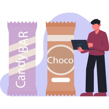 Boy  checking candy bar on laptop  Illustration