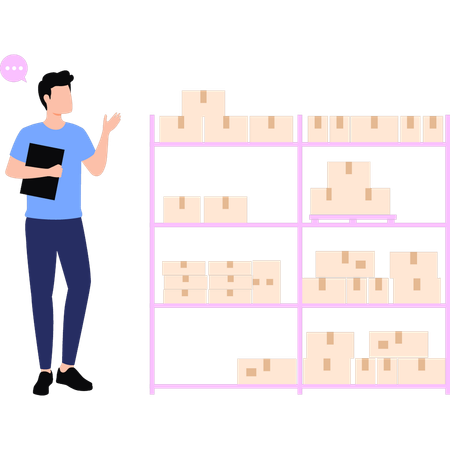 Boy checking cartons in rack  Illustration